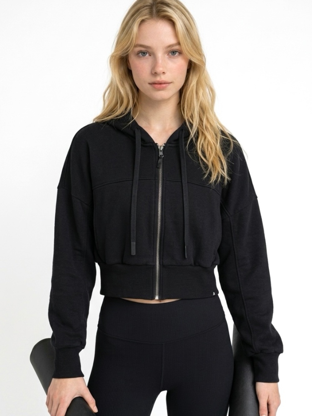 JOYLAB • Black Cropped Oversized Full Zip Hoodie Thumbhole Cuffs Small